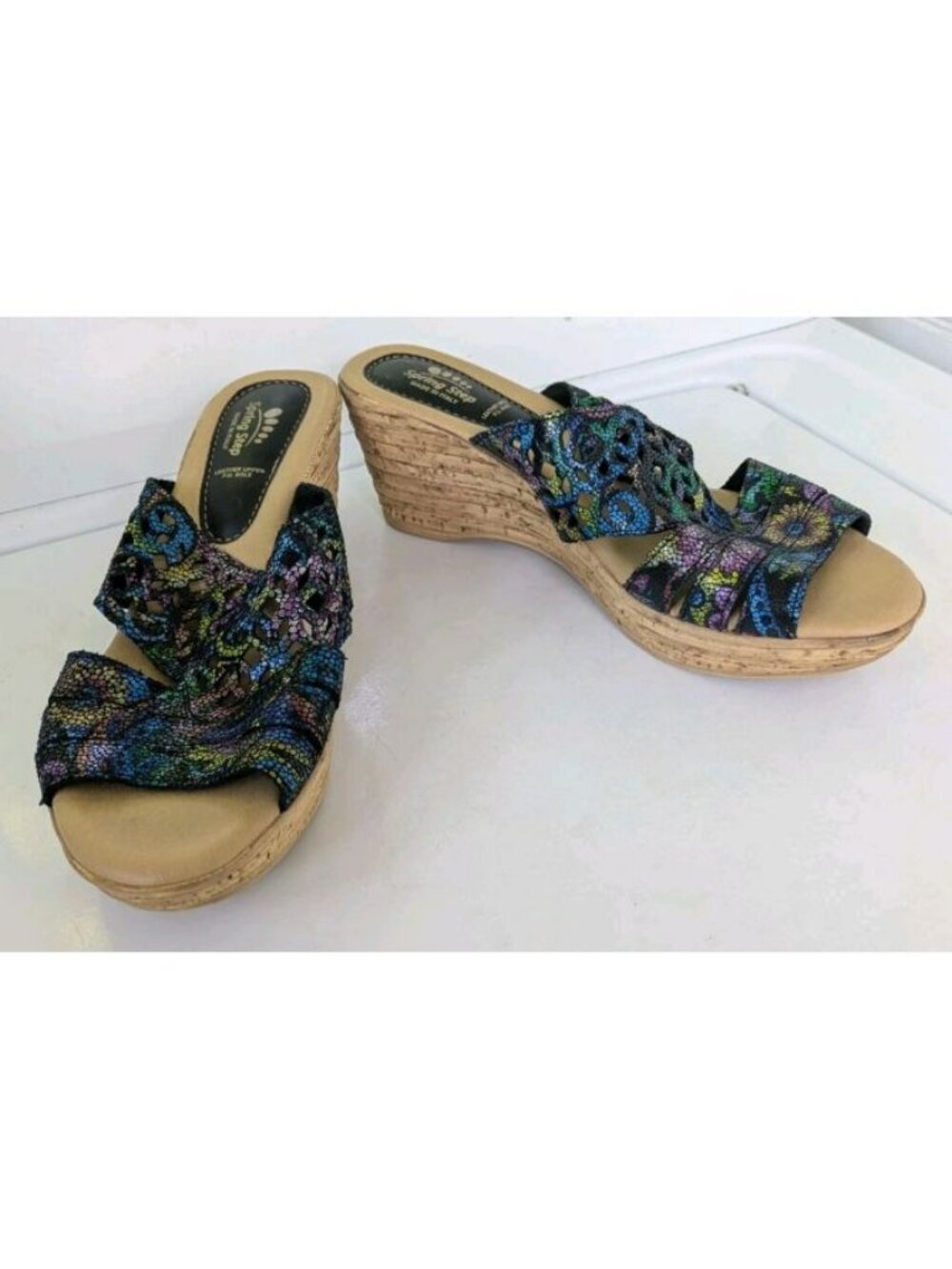 Spring Step Viniko Black Colorful Floral Wedge Slip On Sandals Sz 41 US 9.5-10
